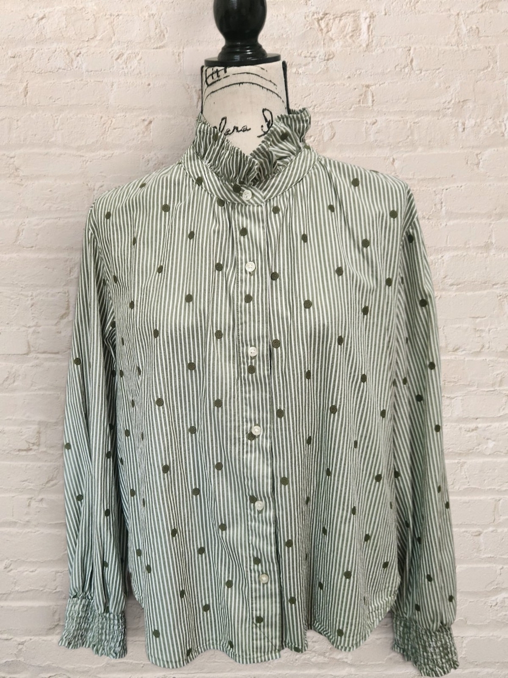 Free Assembly Olive Green Striped Embroidered Dot Ruffle Button Cotton Blouse